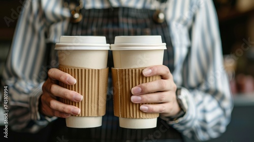 Barista holding takeaway coffee cups at cafe 