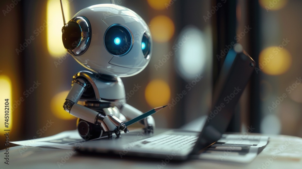 cute little robot focuses intently on the laptop screen cute little robot focuses intently on the laptop screen
