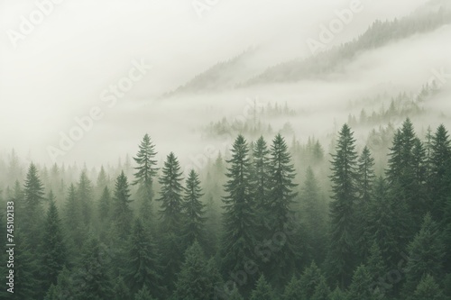 Evergreen forest veiled in misty ethereal fog of serene tranquility 