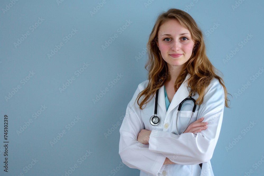 Portrait of an attractive beautiful young female doctor, with copy space. Medical professional expert woman. Portrait of an attractive beautiful young female doctor, with copy space. Medical professional expert woman.