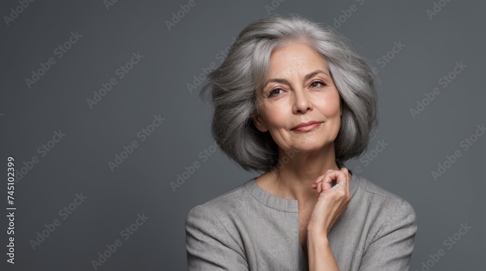 Fashionable woman with elegant gray hair looking up with confidence and grace Fashionable woman with elegant gray hair looking up with confidence and grace
