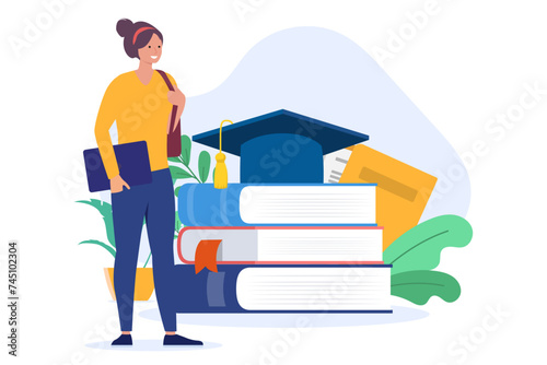 Female student - Vector woman character person in flat design standing with laptop in hand and educational school books in background. Studying and education concept illustration 