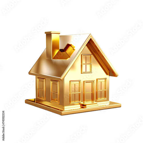 Exquisite Gold House Icon Model 3D Isolated On Transparent Background.