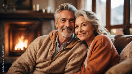 A cozy living room with a warm fireplace, where a happy mature husband and wife sit on a plush couch, gazing lovingly into each other's eyes.,