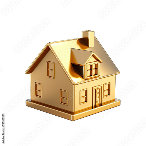 Exquisite Gold House Icon Model 3D Isolated On Transparent Background.