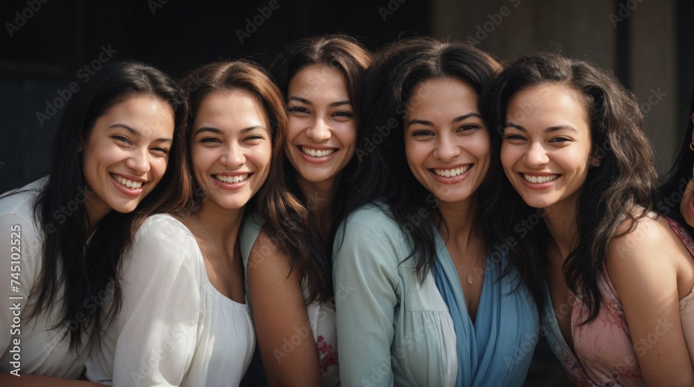Five diverse ladies smiling in unison with heartfelt joy  - obrazy, fototapety, plakaty 