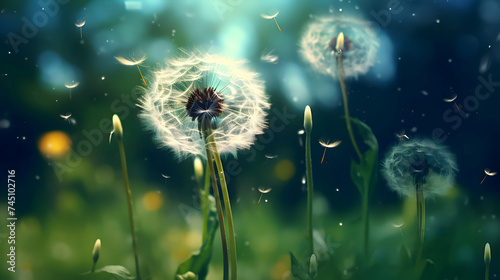 A serene scene of abstract nature, with dandelion seeds gently parachuting against a blurred background of foliage