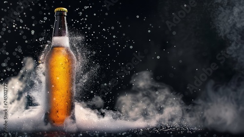 Cold beer bottle with drops, frost and vapour on black 