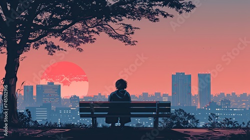 old school japanese art style of a person looking out at the sunset from a city bench © paisorn