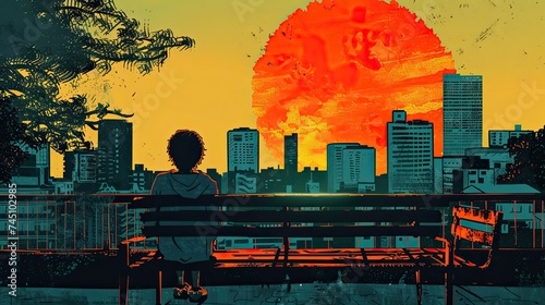 old school japanese art style of a person looking out at the sunset from a city bench photo