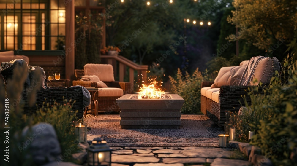 Beautiful backyard firepit at dusk with comfortable chairs - obrazy, fototapety, plakaty 