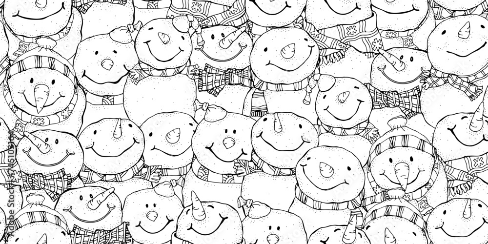 Seamless Pattern With Cheerful Snowmen. Winter, Snow, Snowman. Merry Christmas, Happy New Year. Black and white Adult Coloring Book Page. 
