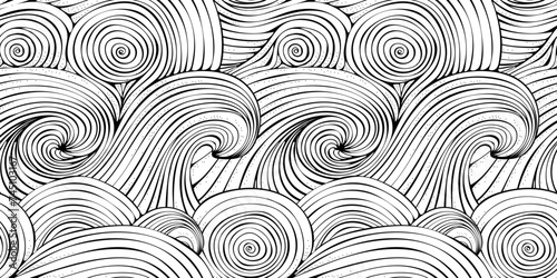 Seamless Pattern with Sea Waves. Adult Coloring book page. Hand-drawn swirls, ringlets , Van Gogh Sky. Doodle, vector, zentangle design element.