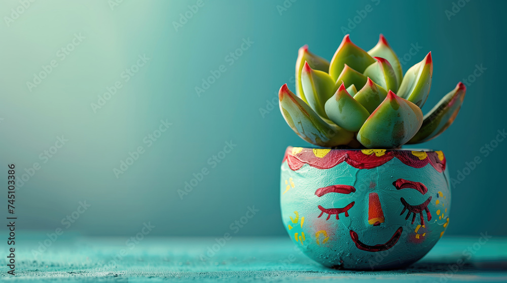 Succulent in a pot with a painted smiley face. Copy space Succulent in a pot with a painted smiley face. Copy space