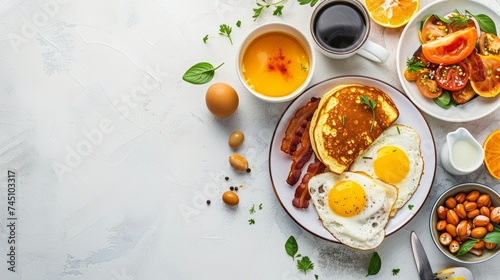 Full American Breakfast on white, top view, copy space. Sunny side fried eggs, roasted bacon, hash brown, pancakes, toasts, orange juice and coffee for breakfast.