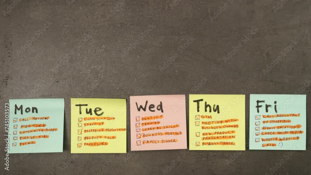 Weekly plan on colorful post it papers marked with orange highlight marker. Time passing, lot of tasks concept. 4K stop motion animation.
