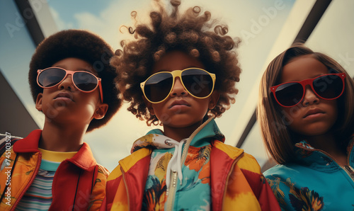 Cool kids with sunglasses and trendy clothes, boy and girl, illustration generated by AI