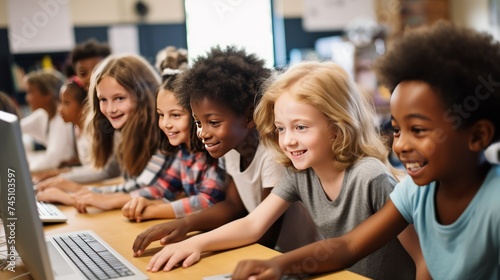 Kids using computer in a classroom © Katya
