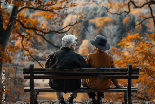 illustration of old couple sitting on bench in autumn park. Created with Generative AI