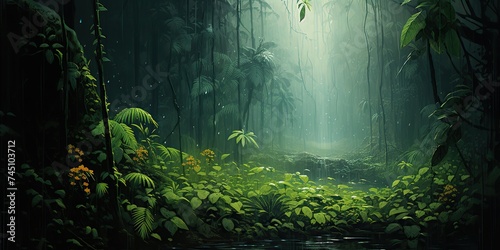 Paint draw rain in the forest. Adventure explore nature outdoor background scene © AkimD