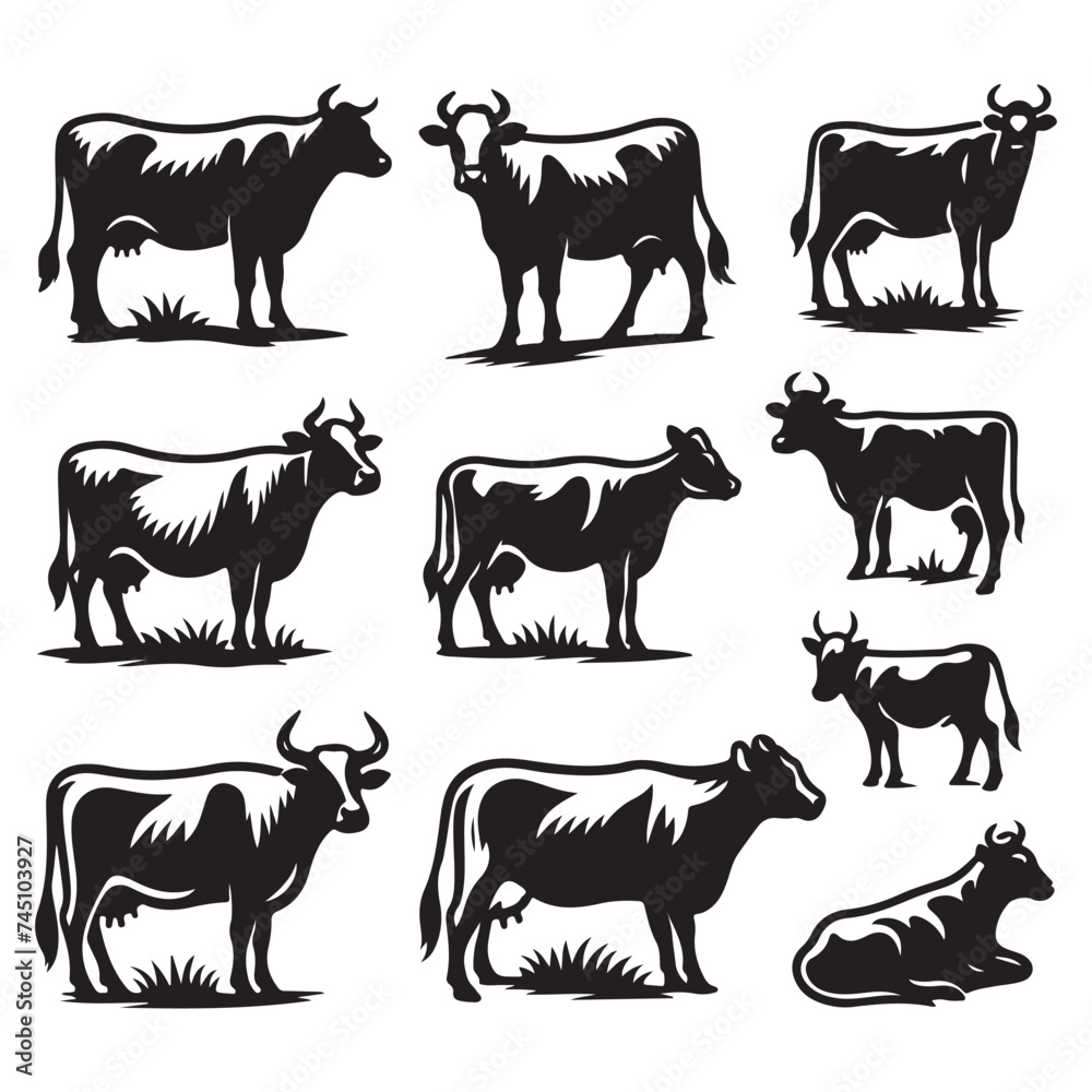 Set of cow silhouettes isolated on a white background, Vector illustration. Set of cow silhouettes isolated on a white background, Vector illustration.