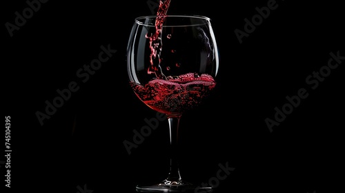 Pouring red wine in a glass goblet on black background