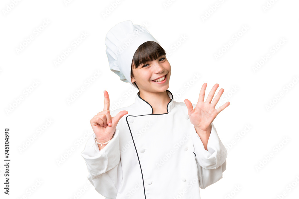 Little caucasian chef girl over isolated background counting seven with fingers Little caucasian chef girl over isolated background counting seven with fingers