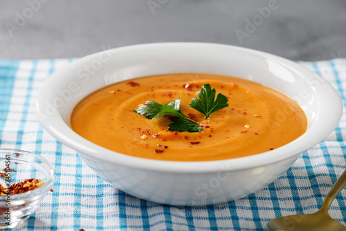 Fresh prepared homemade red lentil soup 