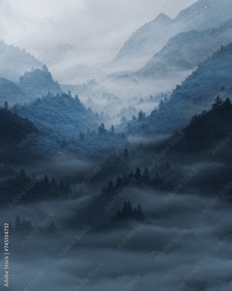 Indistinct mountain view framed by textured blue and white abstraction
