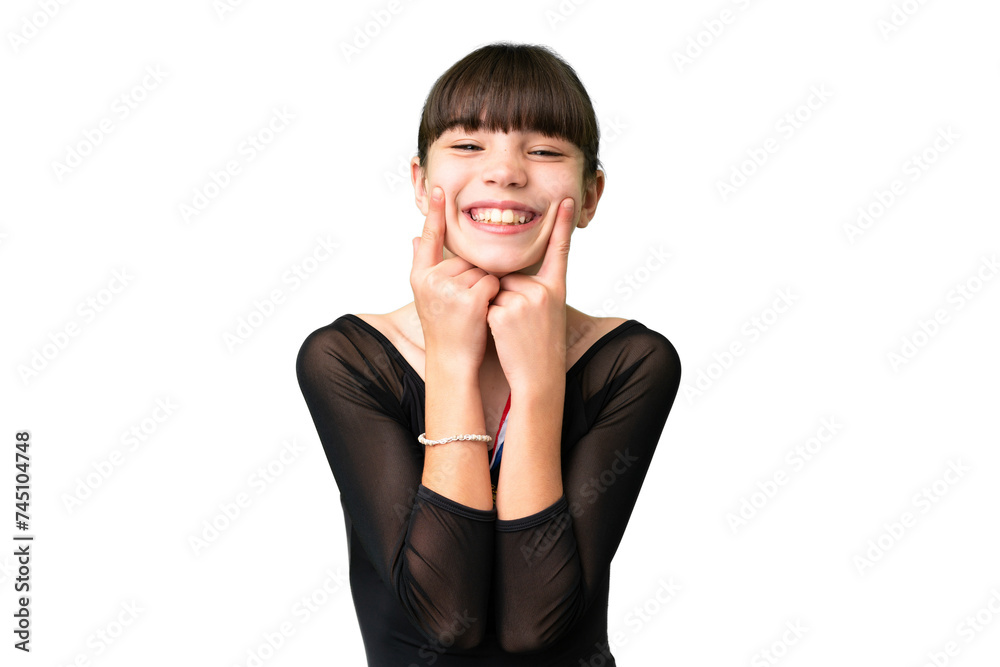 Little caucasian girl with medals over isolated background smiling with a happy and pleasant expression Little caucasian girl with medals over isolated background smiling with a happy and pleasant expression