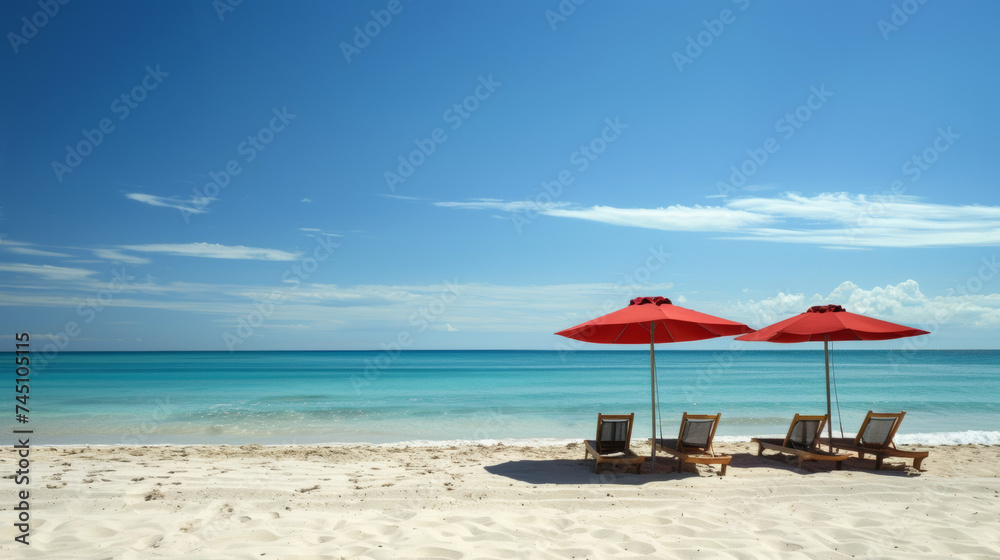 Secluded Beach Paradise with Red Umbrellas and Ocean View, Twin red umbrellas stand over wooden chairs on a pristine white sand beach Secluded Beach Paradise with Red Umbrellas and Ocean View, Twin red umbrellas stand over wooden chairs on a pristine white sand beach