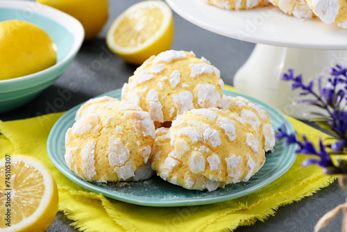 Bilde på lerret Homemade lemon crinkle cookies with powdered sugar icing