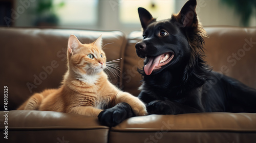 Cat and dog playing together on the sofa