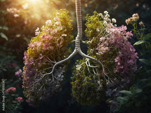 Conceptual image showing the human lungs integrated with nature. Healthy nature equals healthy lungs. Ecological theme. photo