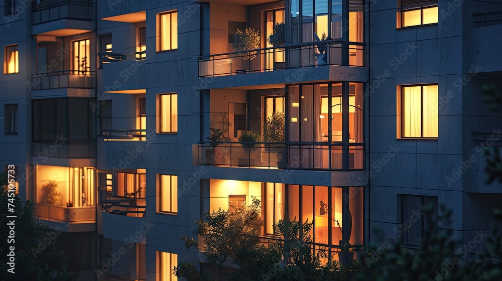 side view of modern apartment house windows, some of them with lights on, in the night, photoreal 