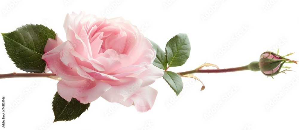 A single delicate pink flower with green leaves attached to a twig, showcasing elegant beauty against a neutral backdrop. A single delicate pink flower with green leaves attached to a twig, showcasing elegant beauty against a neutral backdrop.