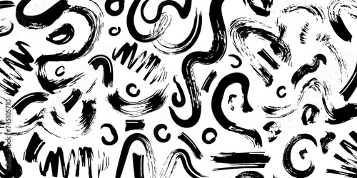 Brush pattern. Doodle stroke paint drawn kid, abstract black elements, hand line, marker mark art, circle shape grunge design organic ornament. Decor textile, wrapping paper. Vector garish background