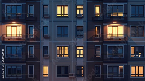 side view of modern apartment house windows  some of them with lights on  in the night  photoreal 