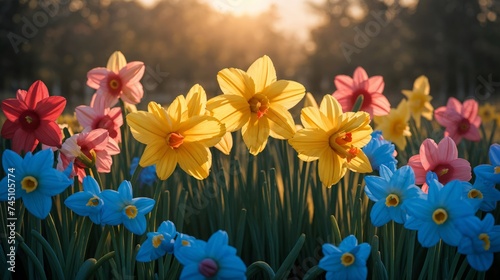 Luminous daffodils and colorful blossoms flourish in the warm sunset light 
