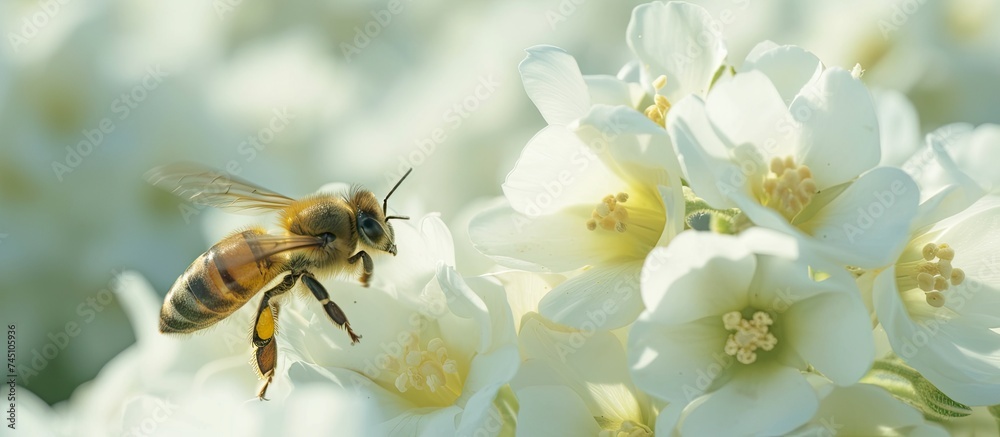 A bee is perched on a vibrant yellow primrose flower, its wings momentarily still as it collects nectar. The delicate petals of the flower contrast with the bees fuzzy body, creating a scene of A bee is perched on a vibrant yellow primrose flower, its wings momentarily still as it collects nectar. The delicate petals of the flower contrast with the bees fuzzy body, creating a scene of