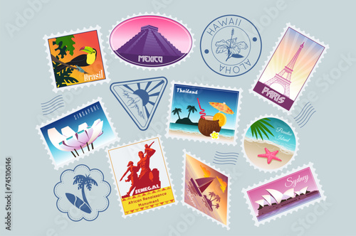 Postal stamp. Passport trip seal. Travel emblem. Visa country. Vintage airport symbol. International vacation map. Airplane flight. Frame label. Summer tropical beach sign. Vector tourism icons set