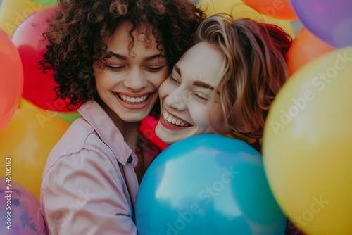 Two Women Hugging With Balloons in Background