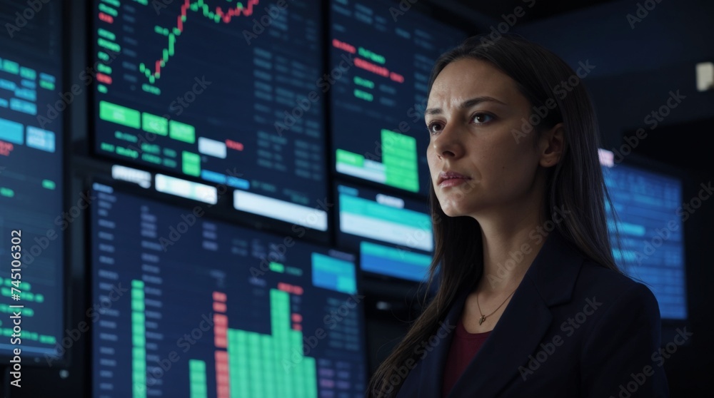 Measured Woman Stands Before Luminous Financial Data Screens Measured Woman Stands Before Luminous Financial Data Screens