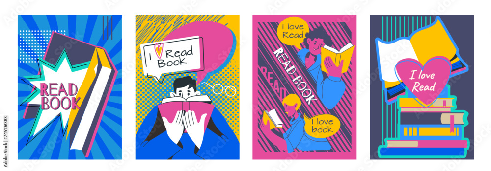 Love books poster. People read literature. School studying. Magazine reader. Students education. Summer pattern fun. Academic textbooks. Bookworms hobby. Bookstore cards. Vector collage banners set
