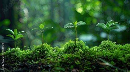 small plants are growing out of a leafy  green moss