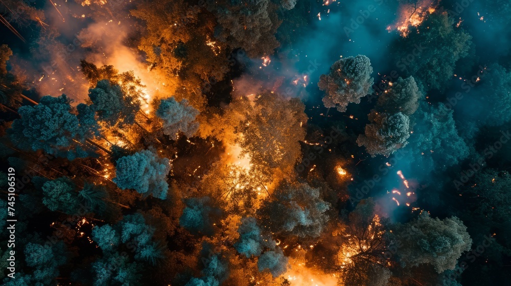 Forest fire at night, top view