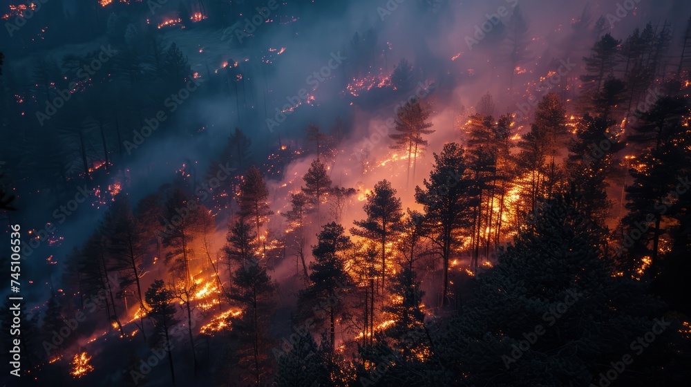 Forest fire at night from above