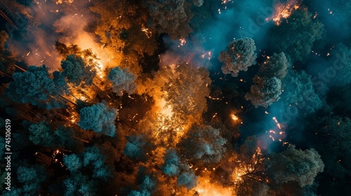 Forest fire at night, top view