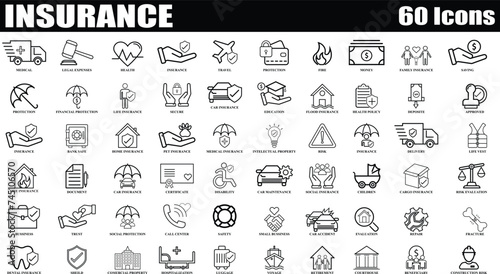 Insurance and Assurance Black and white icon set. Editable Set of 60 Insurance and Assurance web icons in line style. High quality business icon set of Insurance