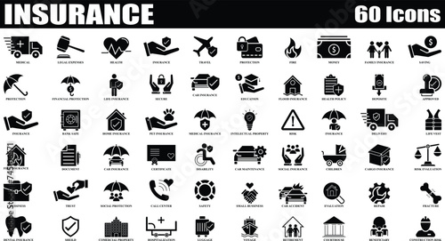 Insurance and Assurance Black and white icon set. Editable Set of 60 Insurance and Assurance web icons in fill style. High quality business icon set of Insurance